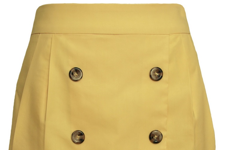 SK-092 กระโปรงแฟชั่น&ทำงาน ทรงสอบ ผ้าคอตต้อนญี่ปุ่นผสมสเปนเดกสีเหลือง แต่งด้วยกระดุม 6 เม็ด