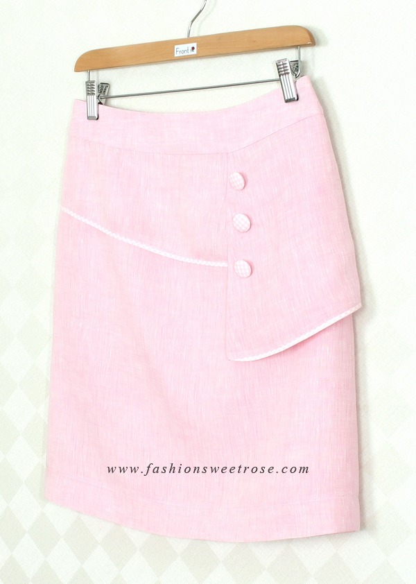 SK-314 กระโปรงทรงเอ ผ้าลินินญี่ปุ่นสีชมพู แต่งกุ้นระบายด้วยผ้าลายสก๊อต