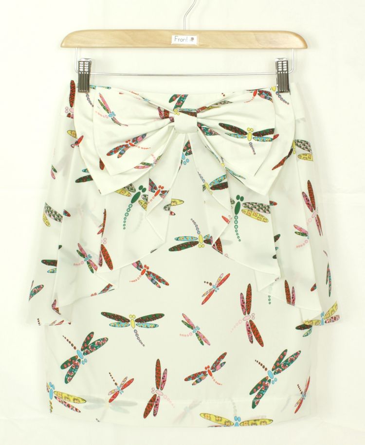 SK-164 กระโปรงแฟชั่น&ทำงาน ผ้าหางกระรอกพิมพ์ลายแมลงปอพื้นขาว มีโบว์ซ้อนกัน 2 ชั้น