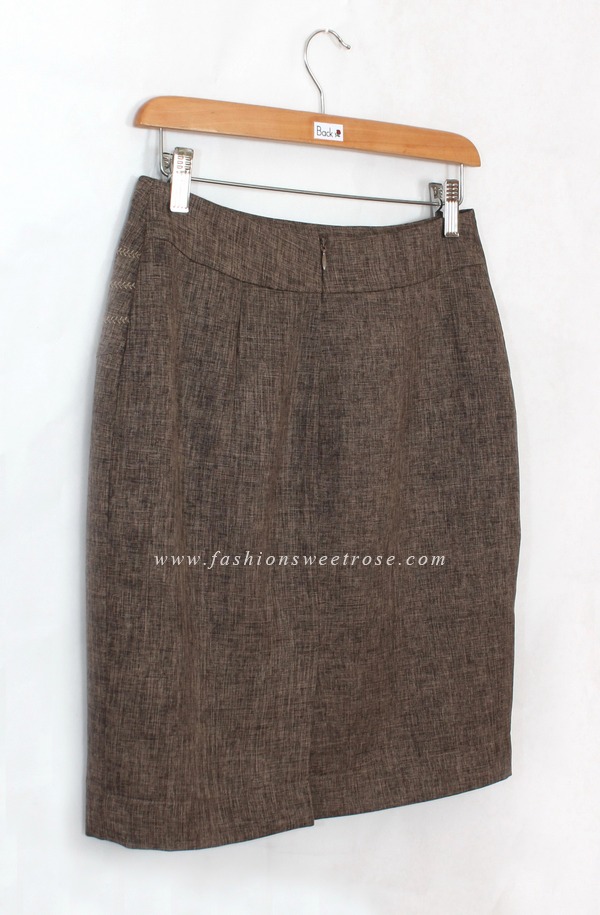 SK-423 กระโปรงแฟชั่น&ทำงาน ทรงสอบ ปักลายก้างปลา ผ้าคอตต้อนลินินไอริสสีน้ำตาล