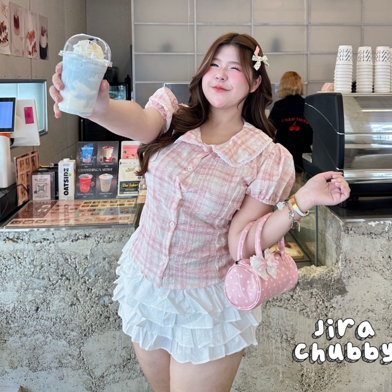 J152 เสื้อสาวอวบ คอบัวแต่งลูกไม้ แขนตุ๊กตา มีเชือกพูกหลัง ฟ้า ชมพู อกได้ถึง48นิ้ว หน้าผ้า50นิ้ว