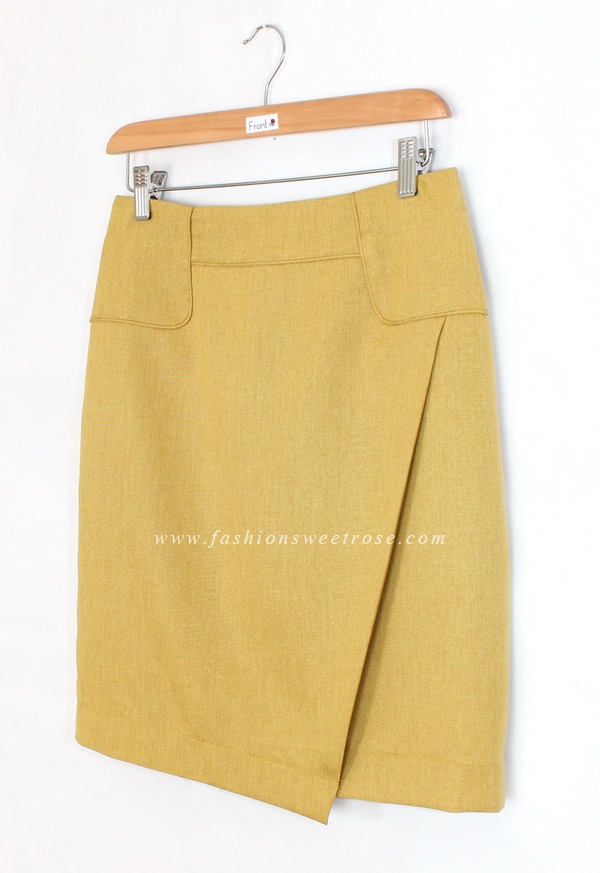 กระโปรงแฟชั่น&ทำงาน กระโปรงทรงสอบผ้าคอตต้อนลินินไอริสสีเหลืองมาสตาส ด้านหน้ากระโปรงดีไซน์ตัดต่อดูเรียบหรู / SK-428