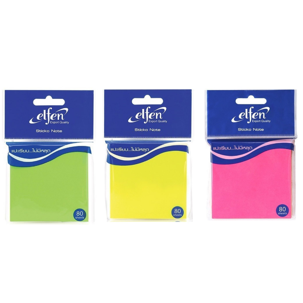กระดาษโน๊ต โพสต์อิท กาวในตัว Elfen ขนาด 3 x 3 นิ้ว จำนวน 80 แผ่น สีนีออน