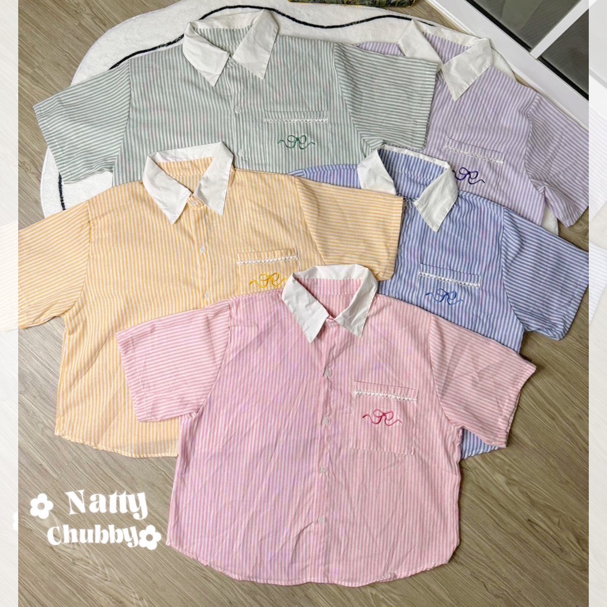 J025 เสื้อเชิ้ตคอปก สาวอวบ ผ้าลายริ้ว อกได้ถึง50นิ้ว