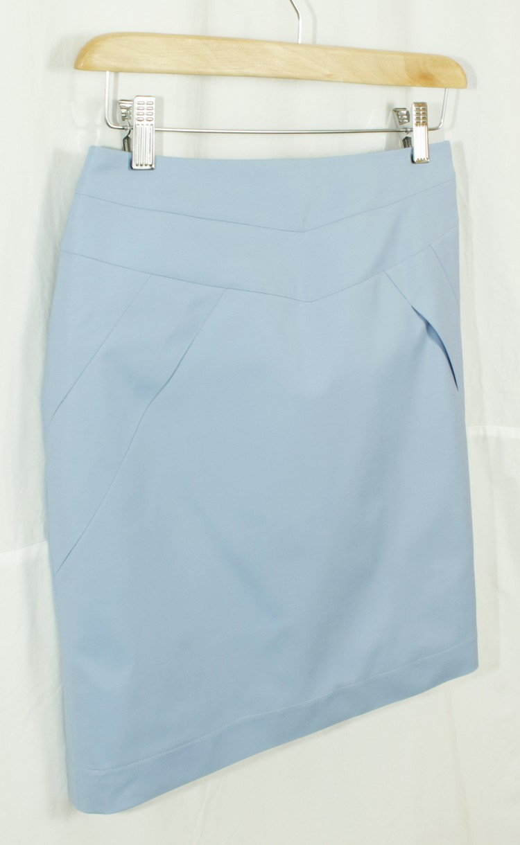 SK-158 กระโปรงแฟชั่น&ทำงาน ทรงสอบตัดต่อ ผ้าคอตตอนญี่ปุ่นผสมสเป็นเดกสีฟ้าคราม