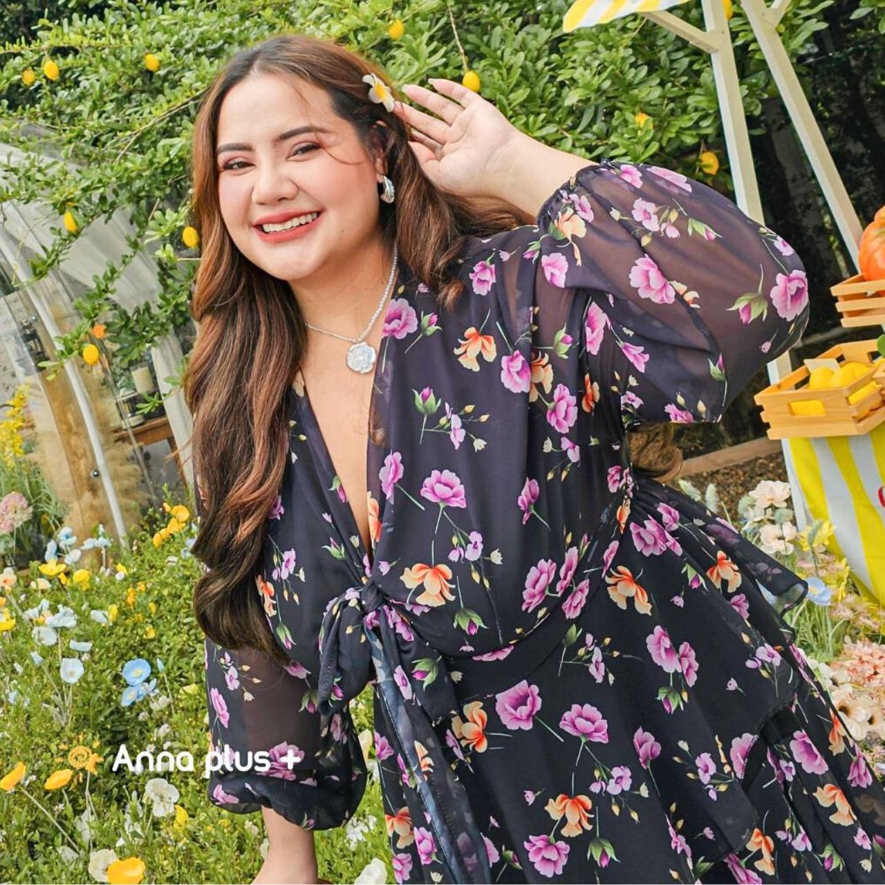 A221 แม็กซี่เดรสสาวอวบ ผูกโบว์ด้านหน้า ผ้าชีฟอง สม็อคหลัง ขาว ชมพู ดำ อก40-52นิ้ว