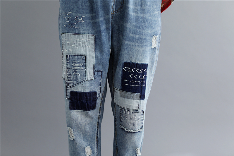 JPNT-010 กางเกงยีนส์ขายาว 5 ส่วน แต่งเซอร์ๆๆปะด้วยผ้าลายสวยงาม เอวยางยืด เนื้อผ้านิ่มไม่หนา