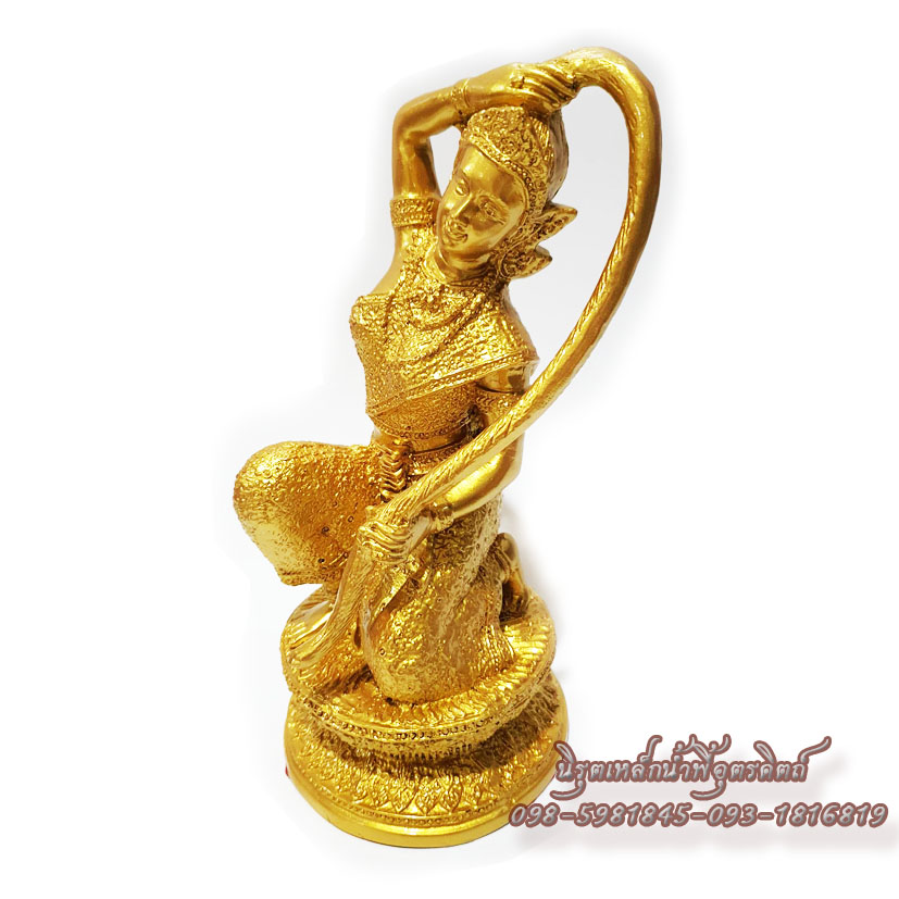 พระแม่ธรณีมวลสารแร่เหล็กน้ำพี้ ฐาน 4 นิ้ว สูง 9 นิ้ว สีทอง