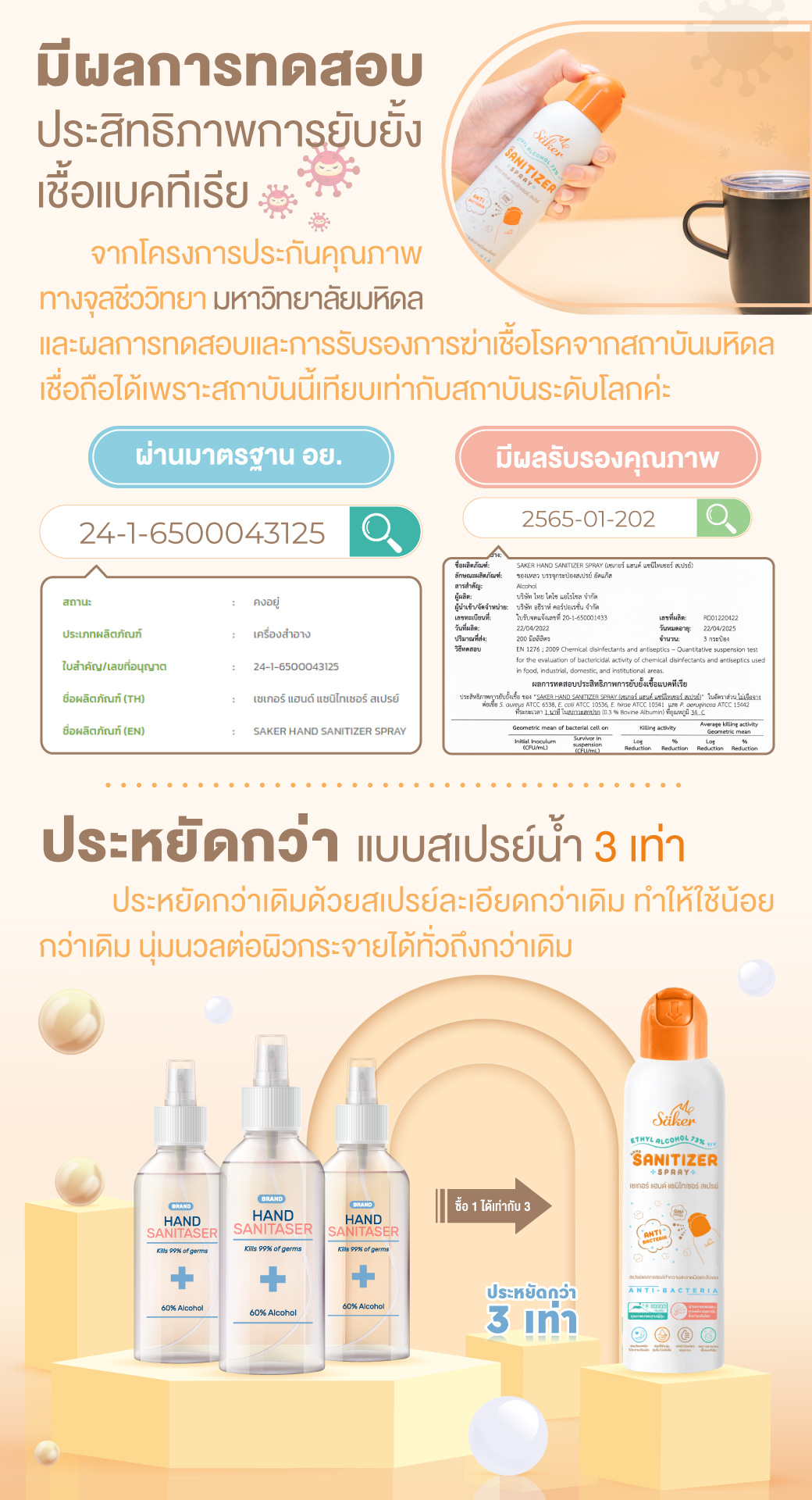 Saker สเปรย์แอลกอฮอล์ขวดใหญ่ จากพืชธรรมชาติ ฟู้ดเกรด(Food Grade) ทำความสะอาดมือ,ผิวหนัง,สิ่งของ เกรดสัมผัสอาหารได้(มาตรฐานญี่ปุ่น)