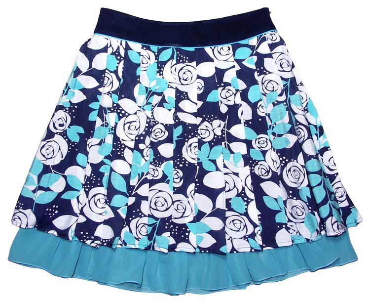 SK-077 กระโปรงทรงระบาย ผ้าคอตต้อนพิมพ์ลายดอกกกุหลาบขาวฟ้า มีจีบรอบตัว