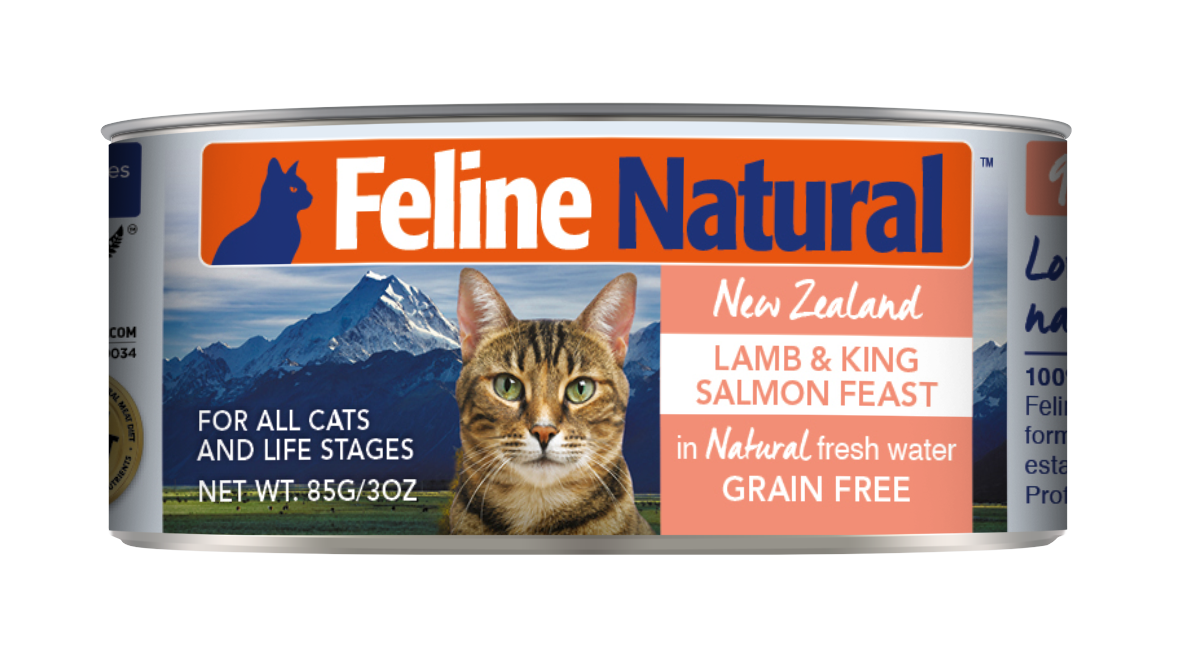 อาหารเปียกแมวระดับพรีเมี่ยม 6 ดาว Feline Natural Lamb & King Salmon Feast Grain-Free Canned Cat Food ขนาด 85 กรัม