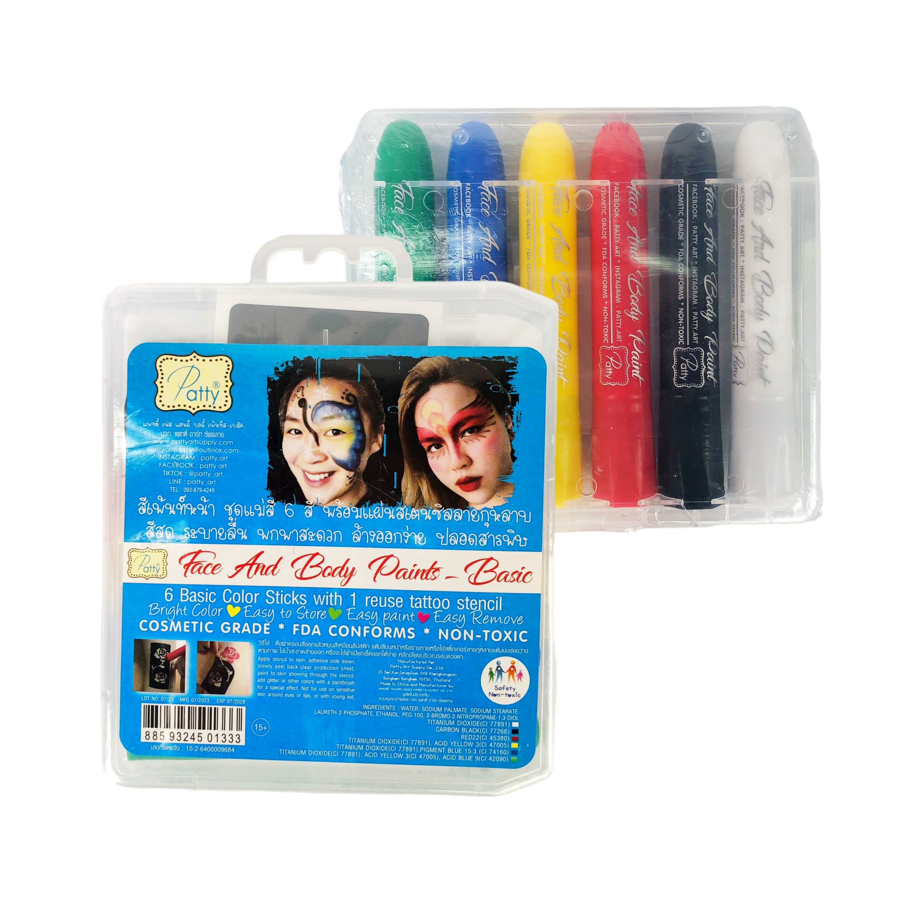 ชุดสีเพ้นท์หน้าและตัว Face and Body Paints ชุด 6 สี พร้อมแผ่นสเตนซิล PAtty Art