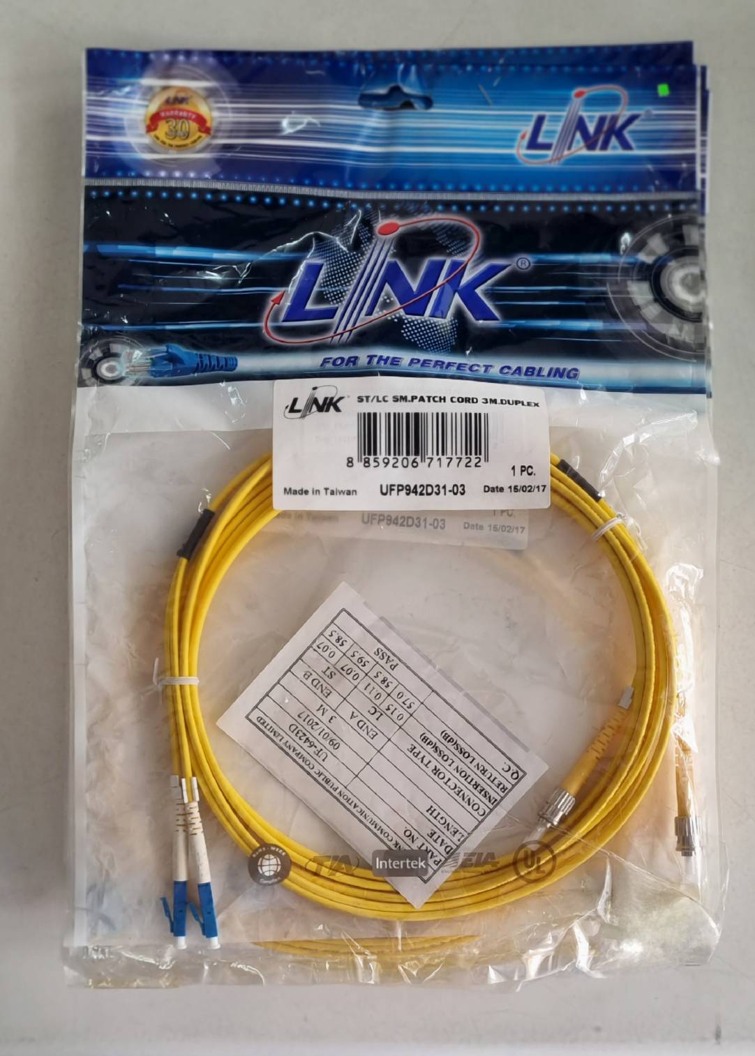 " ราคาพิเศษ " LINK Fiber Optic ST/LC SM.PATCH CORD 3M.DUPLEX (UFP942D31-03)