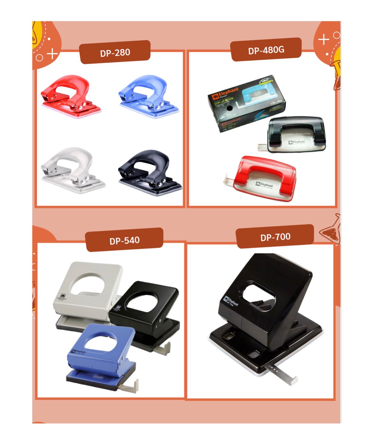 Elephant เครื่องเจาะ กระดาษ ตราช้าง รุ่น DP-280 / DP-480G / DP-540 / DP-700 คละสี (บรรจุ 1 เครื่อง)