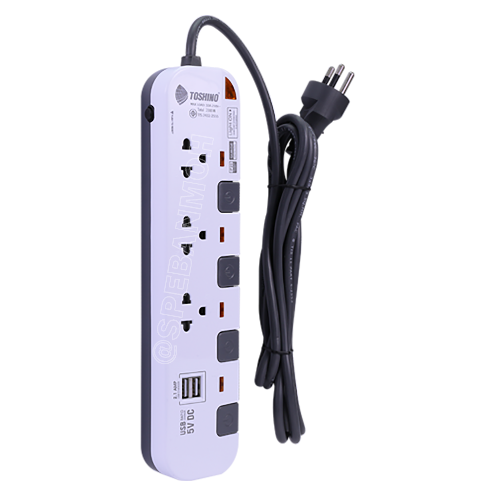 P3375USB-5M ปลั๊กพ่วง Toshino รางปลั๊กไฟ Toshino รุ่น P3375USB ยาว 5 เมตร 3ช่อง 2USB 2.1A 4สวิตซ์ 5เมตร 250V 10A 2300W ระบบ Surge Protection ป้องกันไฟกระชาก Circuit Breaker ป้องกันไฟเกิน ผลิตจากวัสดุไม่ลามไฟ ม่านนิรภัย ป้องกันนิ้วมือสัมผัสทองเหลืองด้านใน