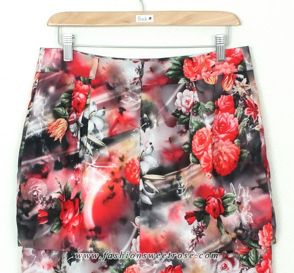 SK-321 กระโปรงแฟชั่น&ทำงาน ทรงสอบ ผ้าไหมอิตาลีพิมพ์ลายดอกกุหลาบแดง ตัวกระโปรงซ้อนกัน 2 ชั้น