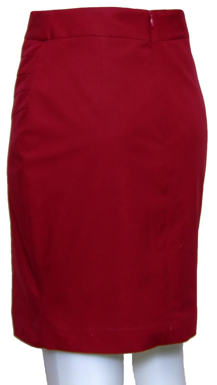 SK-085 กระโปรงทรงสอบ ผ้าคอตต้อนญี่ปุ่นผสมสเปนเดกสีแดงเลือดหมู ด้านหน้าเย็บแบบตัดต่อผ้า