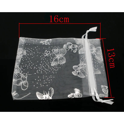 ถุงผ้าออแกนซ่ามีสายรูดรัดปากถุง 13x16cm แพ็ค 10 ใบสีขาวลายผีเสื้อ