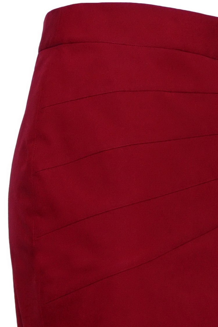 SK-085 กระโปรงทรงสอบ ผ้าคอตต้อนญี่ปุ่นผสมสเปนเดกสีแดงเลือดหมู ด้านหน้าเย็บแบบตัดต่อผ้า