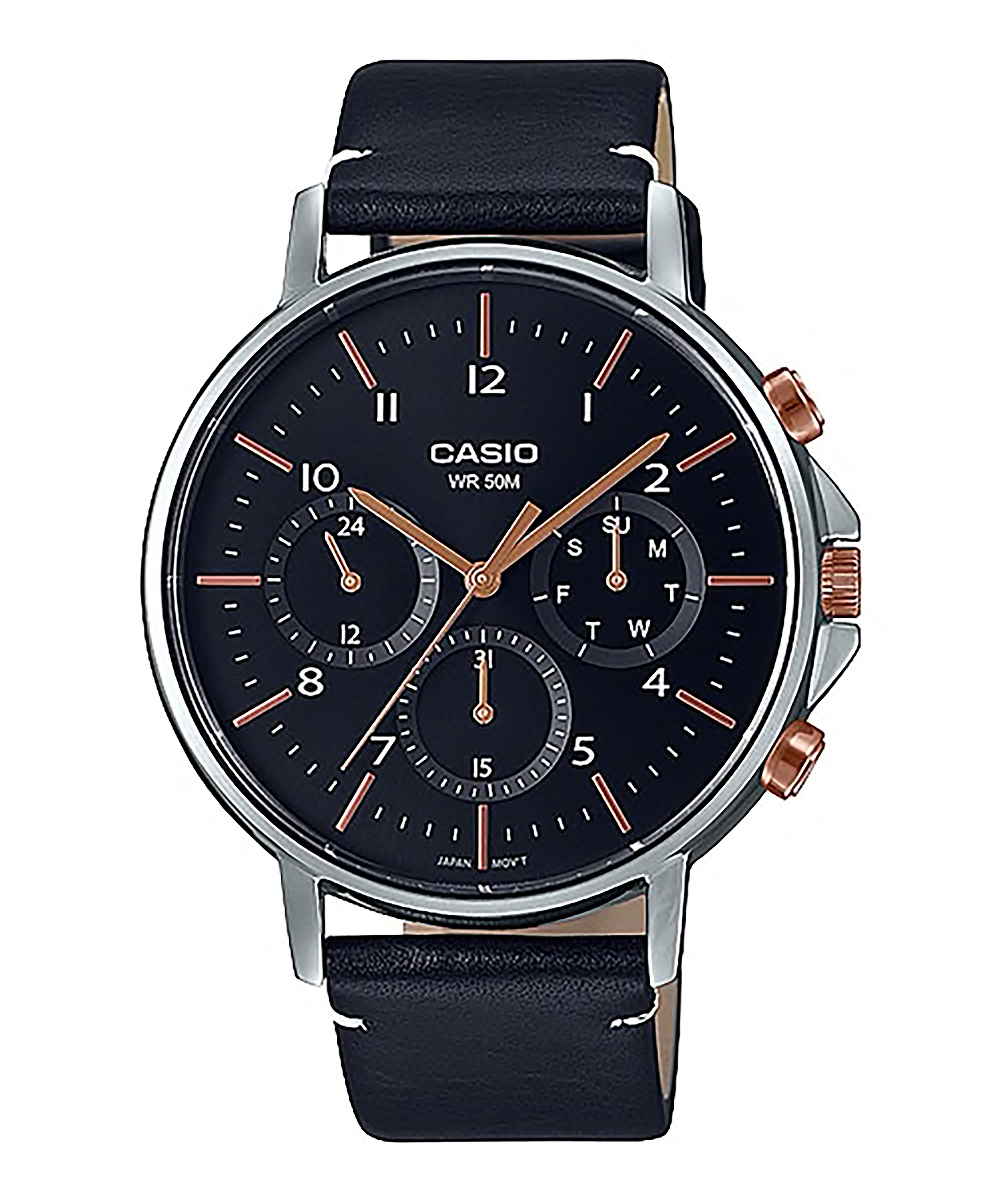 CASIO รุ่น MTP-E321L-1AVDF สายหนังสีดำ หน้าปัดดำ โรสโกลด์ สินค้าของเเท้ รับประกันศูนย์ CMG