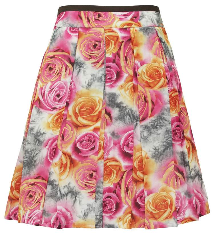SK-090 กระโปรงแฟชั่น&ทำงาน ทรงบาน ผ้าพิมพ์ลายดอกกุหลาบสีชมพูเหลือง
