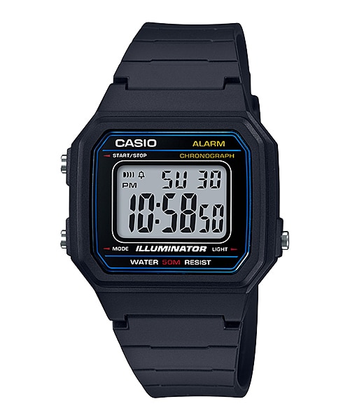 CASIO Standard รุ่น W-217H-1AVDF สีดำ ขอบน้ำเงิน สินค้าของเเท้ รับประกันศูนย์ CMG