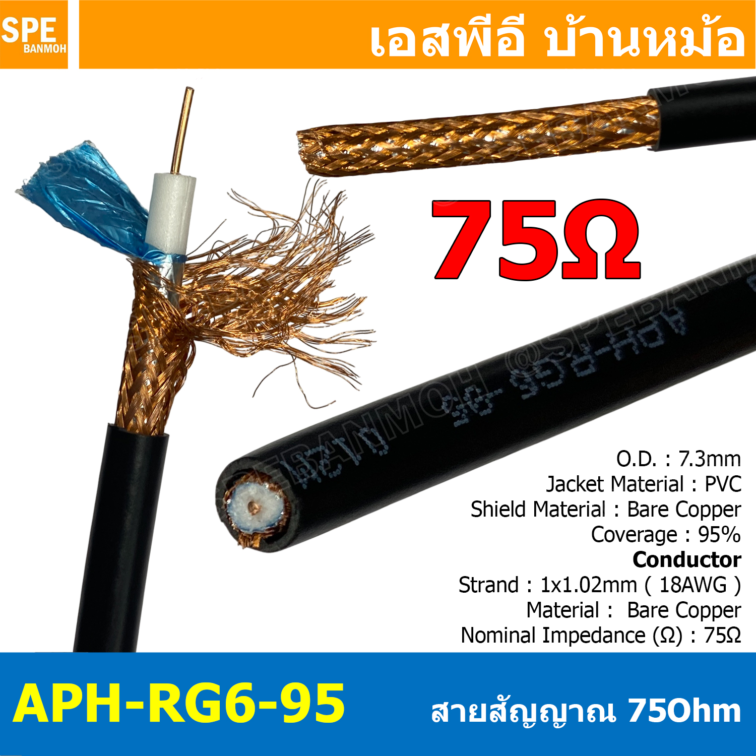 [ 2 เมตร ] APH-RG6-95 สาย RG6 Indoor Amphenol Shield 95% RG6/U Shield 18awg สายโคแอกเชียล แอมฟีนอล Coaxial Cable สายสัญญาณ สายเดินกล้องวงจรปิด RG6 ชีล 95% ใช้งานภายใน สาย CCTV สายชีลกันสัญญาณรบกวน เดินกล้องวงจรปิด CCTV ชีล สายอากาศทีวี สายโคแอ็กเชียล