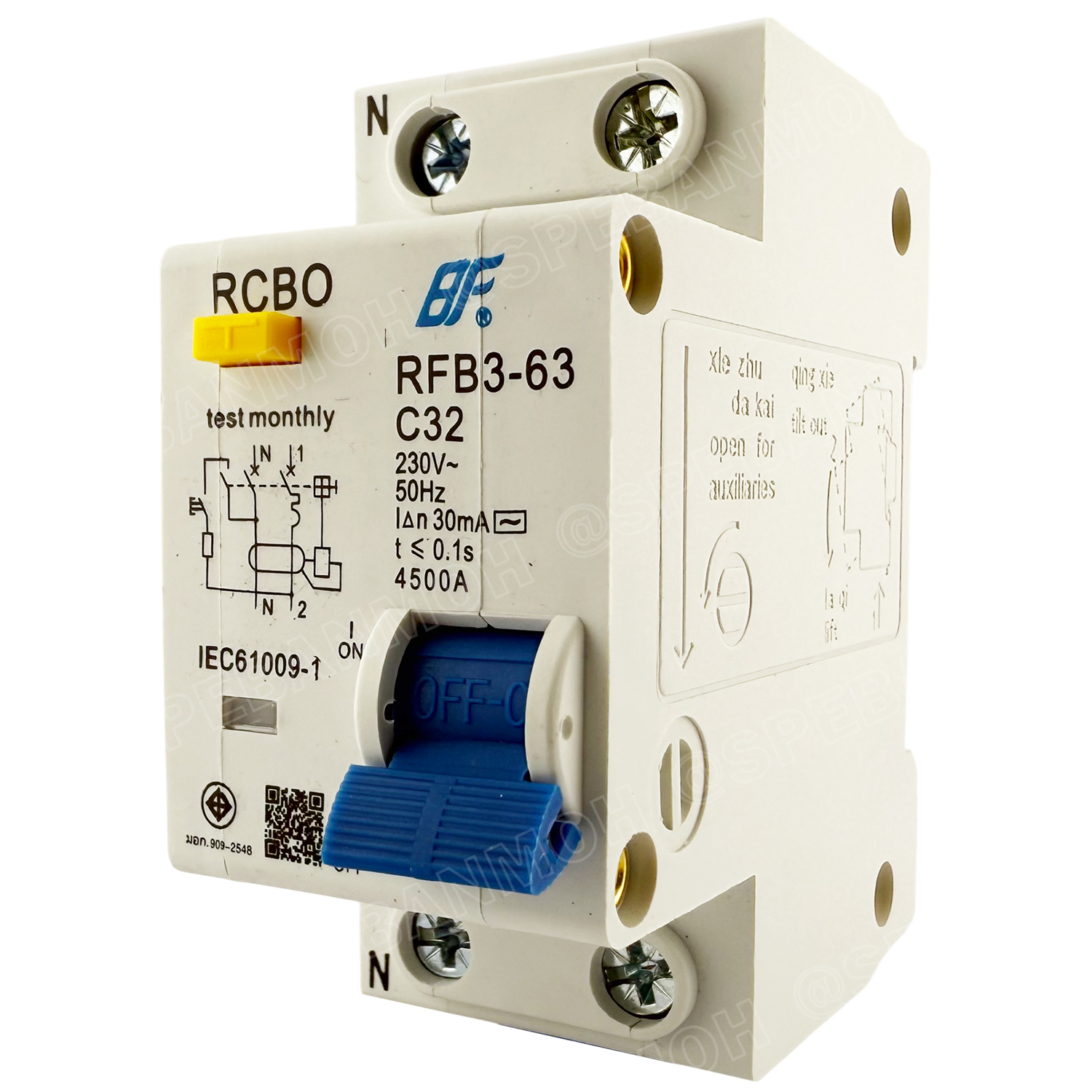 [ 1 ชิ้น ] RFB3-63 2P เบรกเกอร์กันดูด RCBO 30mA 4.5kA Circuit Breaker RCBO มอก. 909-2548 เบรกเกอร์ กันดูด ป้องกันไฟรั่ว Residual Current Device ป้องกันกระแสเกิน Overload ป้องกันการลัดวงจร Short circuit เบรกเกอร์ตัดไฟ เบรกเกอร์กันดูด ไฟรั่ว RCD