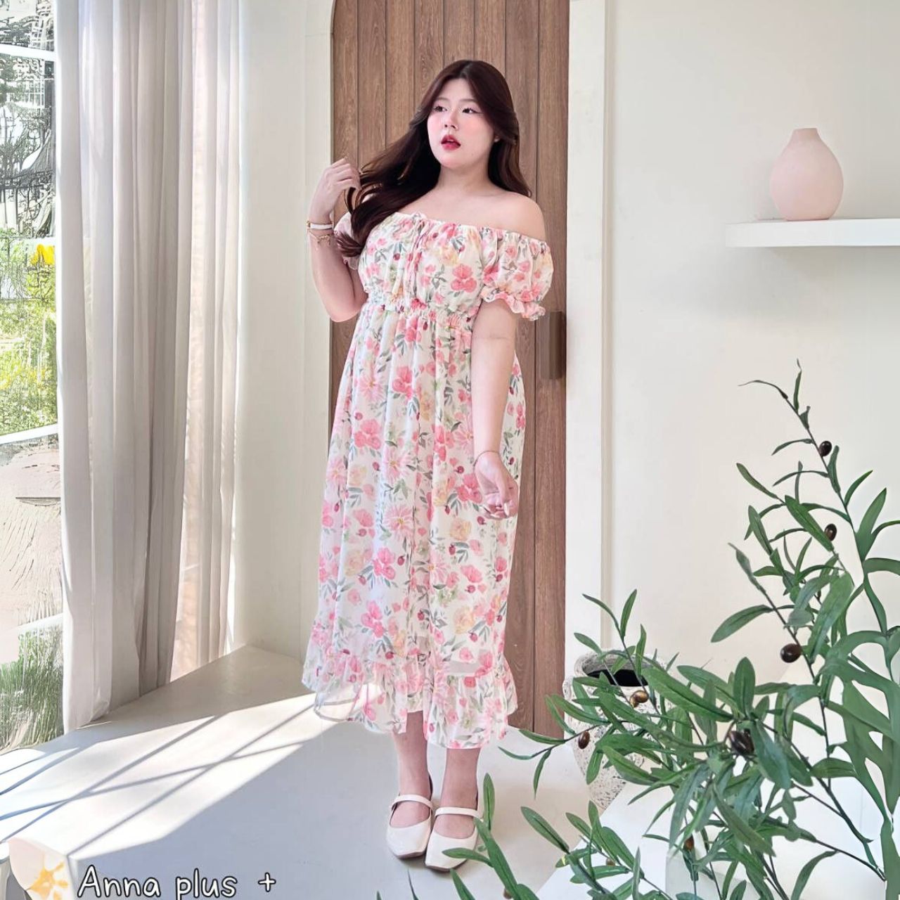 A206 เดรสสาวอวบ ผ้าชีฟอง สม็อคหลัง อกได้ถึง 50 นิ้ว มี4ลาย อก40-50นิ้ว