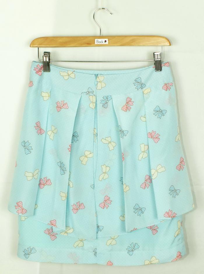 SK-176 กระโปรงแฟชั่น&ทำงาน ผ้าหางกระรอกพิมพ์ลายโบว์สีฟ้า มีโบว์ซ้อนกัน 2 ชั้น