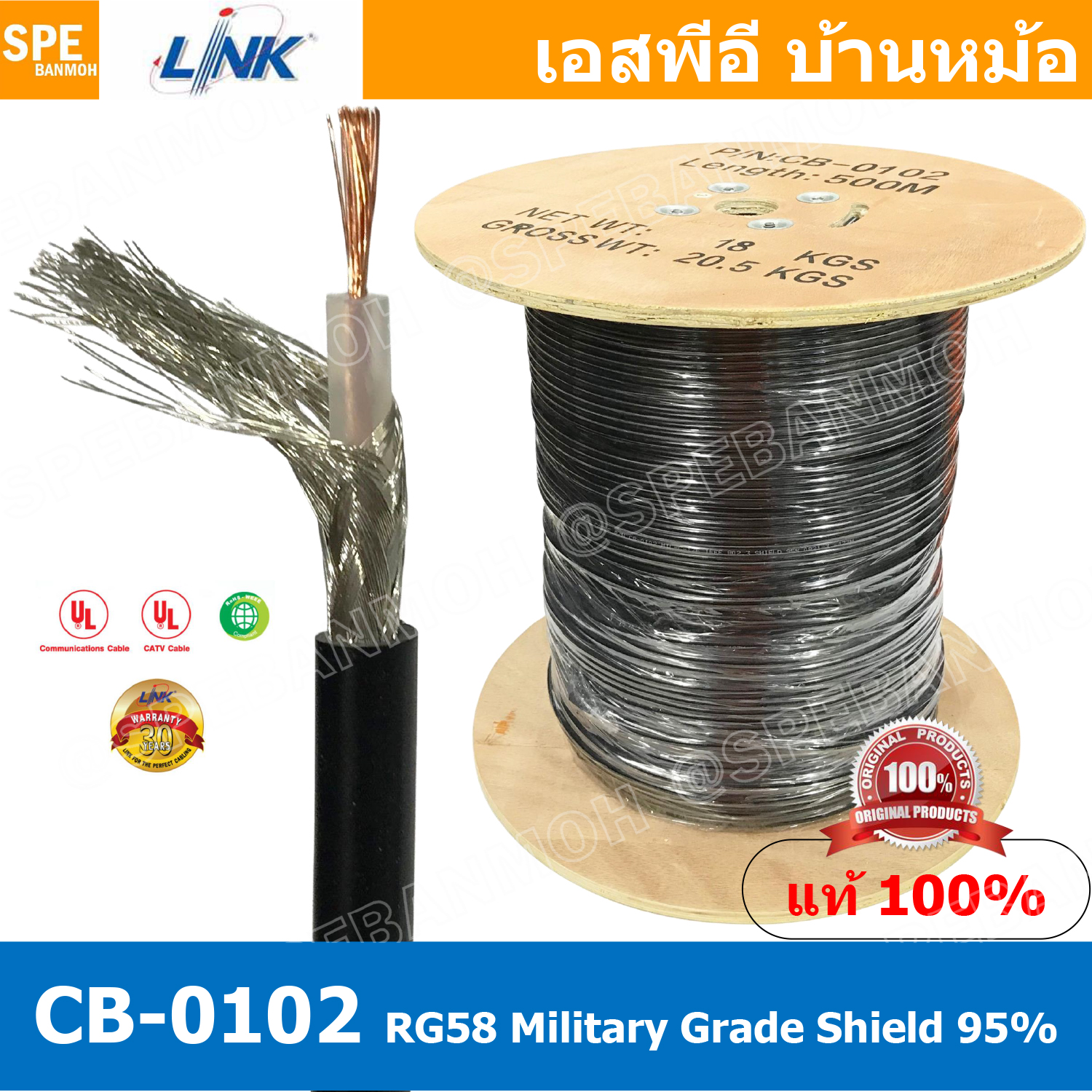 [ 2 เมตร ] CB-0102 RG58 C/U Cable, 95% Shield, Black Jacket MILITARY สาย RG58 ยี่ห้อ LINK สายโคแอกเชียล Coaxial Cable CB-0102 RG 58 C/U 95% Shield ชีล 95% สายโคแอ็ก 50Ohm สายสัญญาณ 20AWG สายสัญญาณแกนแข็ง ชีลทองแดงเคลือบดีบุก สายวิทยุสื่อสาร