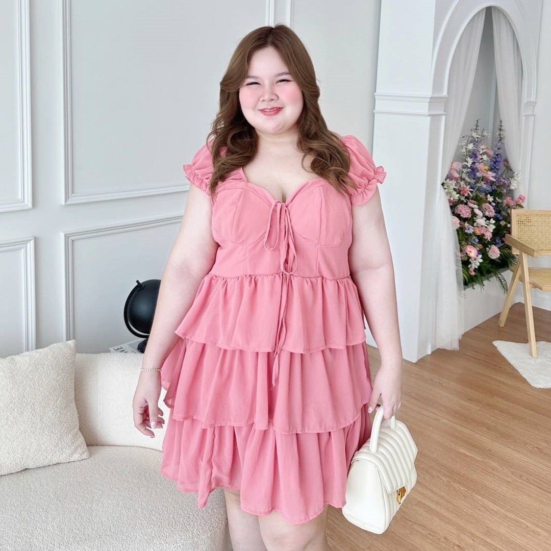 A159 เดรส สาวอวบ ผ้าชีฟอง อกได้ถึง50นิ้ว ชมพู ขาว น้ำตาล ดำ อก40-50นิ้ว