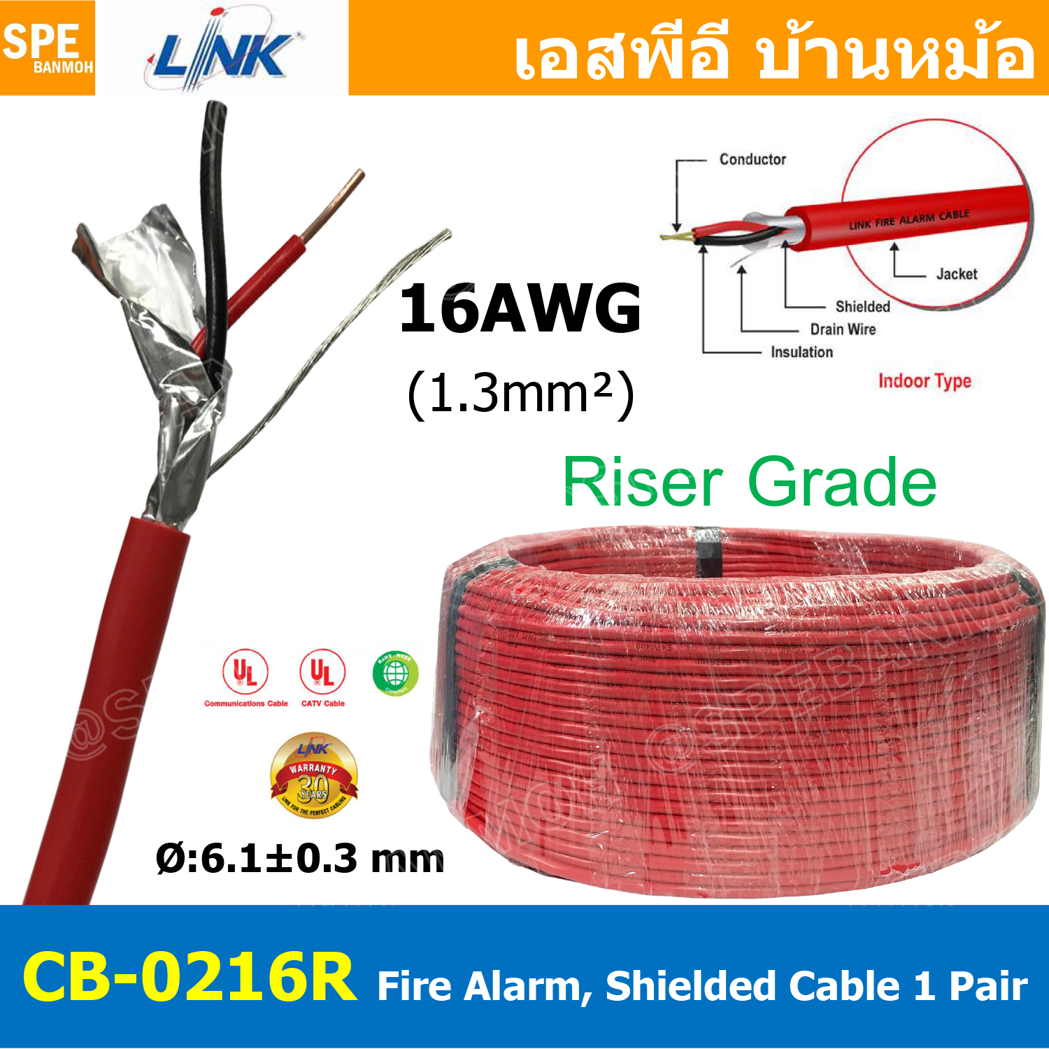 [ 2เมตร ] CB-0216R สายไฟอะลาร์ม 1.3mm2 Riser Grade มีชีล Aluminium foil Link 2Cx16AWG Fire Alarm Shield Twisted Cable 1 Pair สายไฟอลาม เหมาะสำหรับใช้ส่งสัญญาณในระบบ Fire Alarm System สายไฟมีฟอยด์ ทนความร้อนสูง -20°C ถึง 105°C ระบบอลาร์ม 300VAC