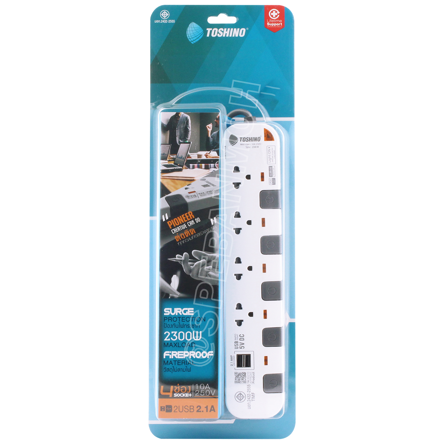 P4375USB-3M ปลั๊กพ่วง Toshino รางปลั๊กไฟ P Series รุ่น P4375USB 3 เมตร 3ช่อง 2USB 2.1A 4สวิตซ์ 3เมตร 250V 10A 2300W ระบบ Surge Protection ป้องกันไฟกระชาก Circuit Breaker ป้องกันไฟเกิน ผลิตจากวัสดุไม่ลามไฟ ม่านนิรภัย ป้องกันนิ้วมือสัมผัสทองเหลืองด้านใน