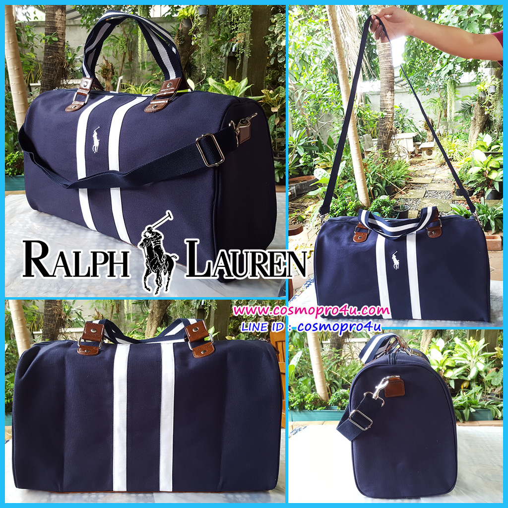 กระเป๋า POLO RALPH LAUREN กระเป๋าผ้าเนื้อหนาใบใหญ่แนวสปอร์ต สีกรมท่าคาดแถบขาว พรีเมี่ยมจากน้ำหอมราล์ฟลอเรน 19x13x8 นิ้ว