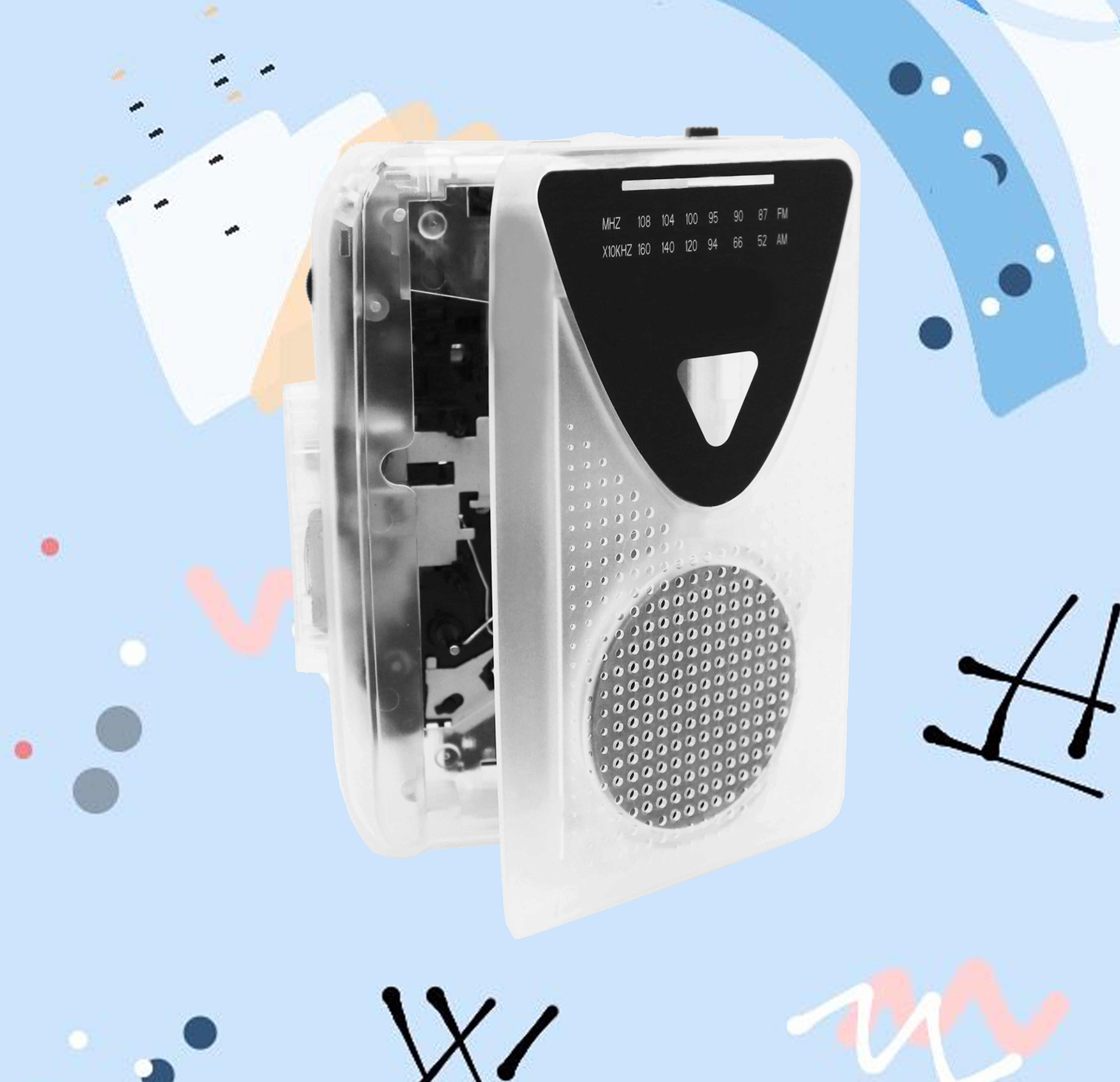 เครื่องเล่นเทป ตัวขาวใส โปร่งแสง น่ารัก เสียงดี เล่นวิทยุ FM/AM ได้ มีลำโพงในตัว แถมฟรี!! สายUSB แปลงไฟไม่ง้อถ่าน