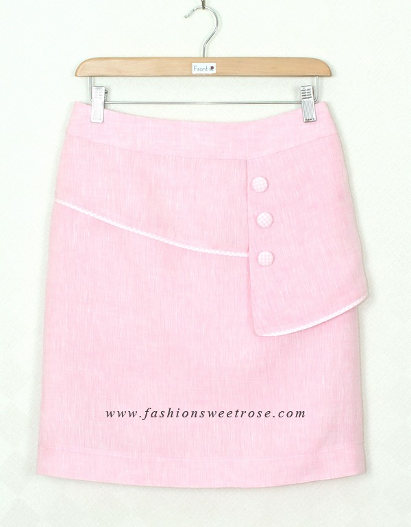 SK-314 กระโปรงทรงเอ ผ้าลินินญี่ปุ่นสีชมพู แต่งกุ้นระบายด้วยผ้าลายสก๊อต