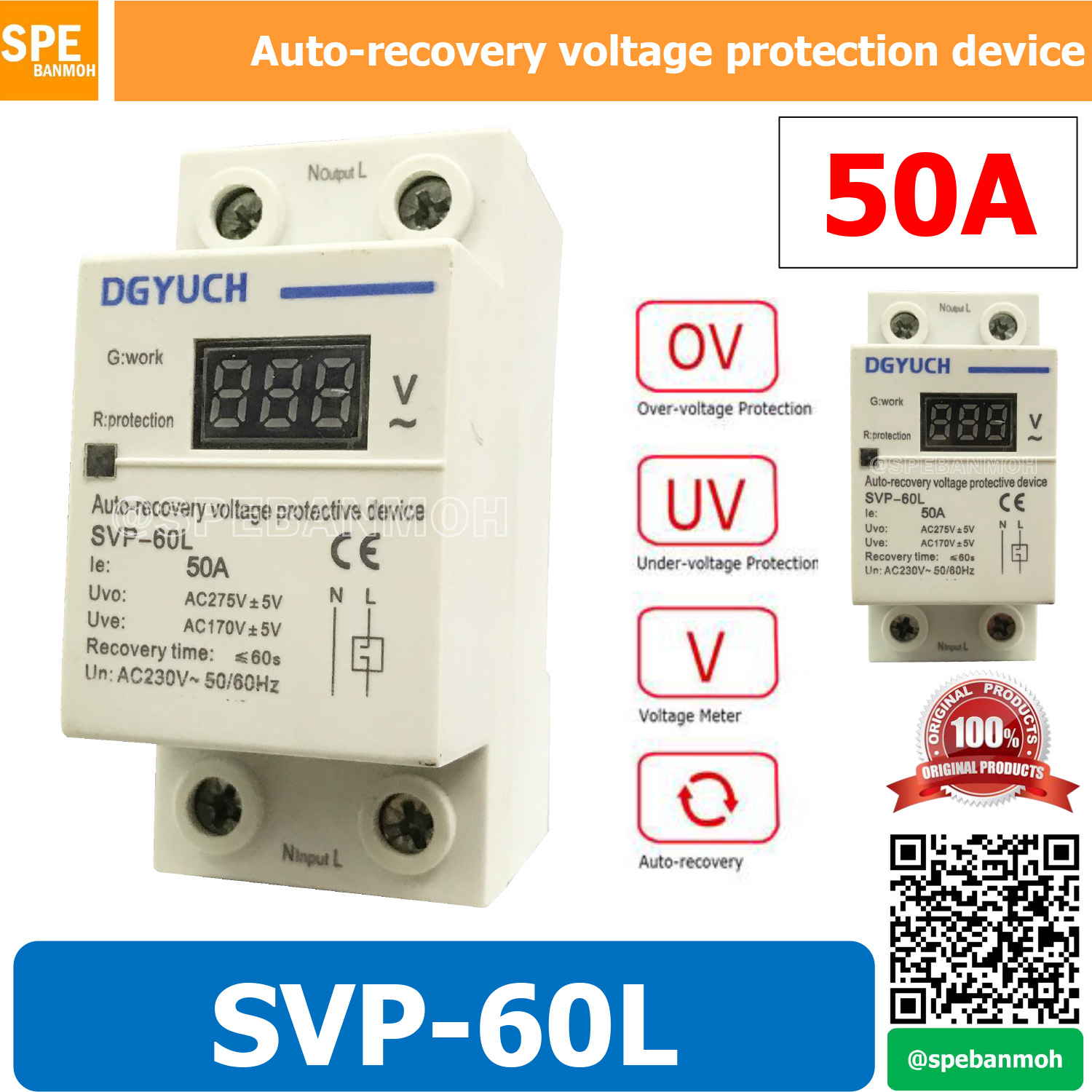 SVP-60L อุปกรณ์ป้องกันไฟตก ไฟเกิน SVP-60L 230VAC 50HZ 50A AUTO-RECOVERY VOLTAGE PROTECTIVE DEVICE อุปกรณ์ป้องกันแรงดันไฟฟ้าแบบกู้คืนอัตโนมัติ กระแส 50A อุปกรณ์ป้องกัน ไฟเกินและ ไฟตก SVP-60L ขนาดแรงดันที่ 230โวลต์ L-N
