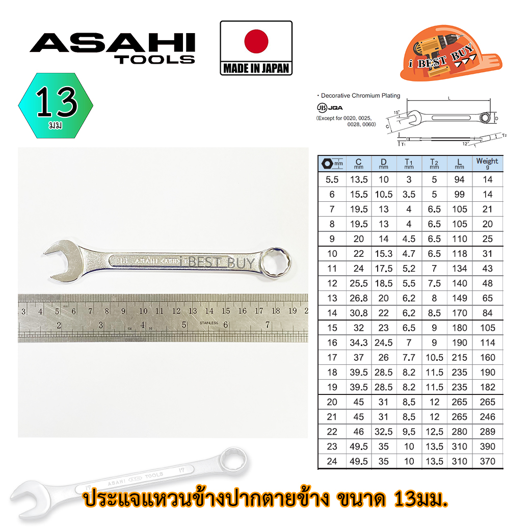 Asahi ประแจแหวนข้างปากตาย อาซาฮี ขนาด 13มม. ผลิตจากประเทศญี่ปุ่น แท้