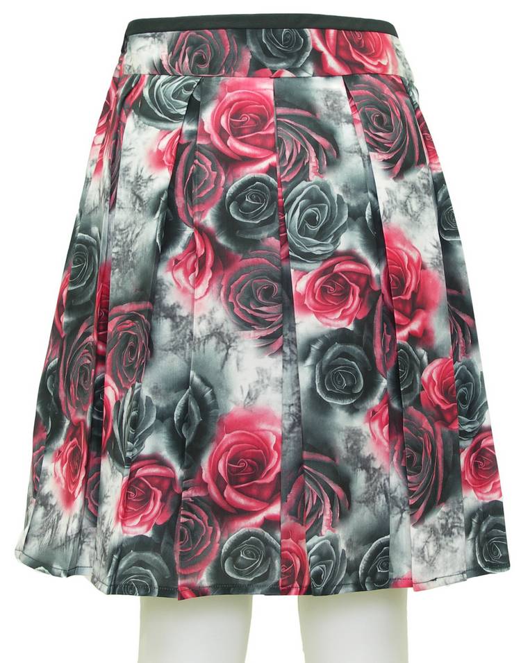 SK-089 กระโปรงแฟชั่น&ทำงาน ทรงบาน ผ้าพิมพ์ลายดอกกุหลาบสีดำแดง