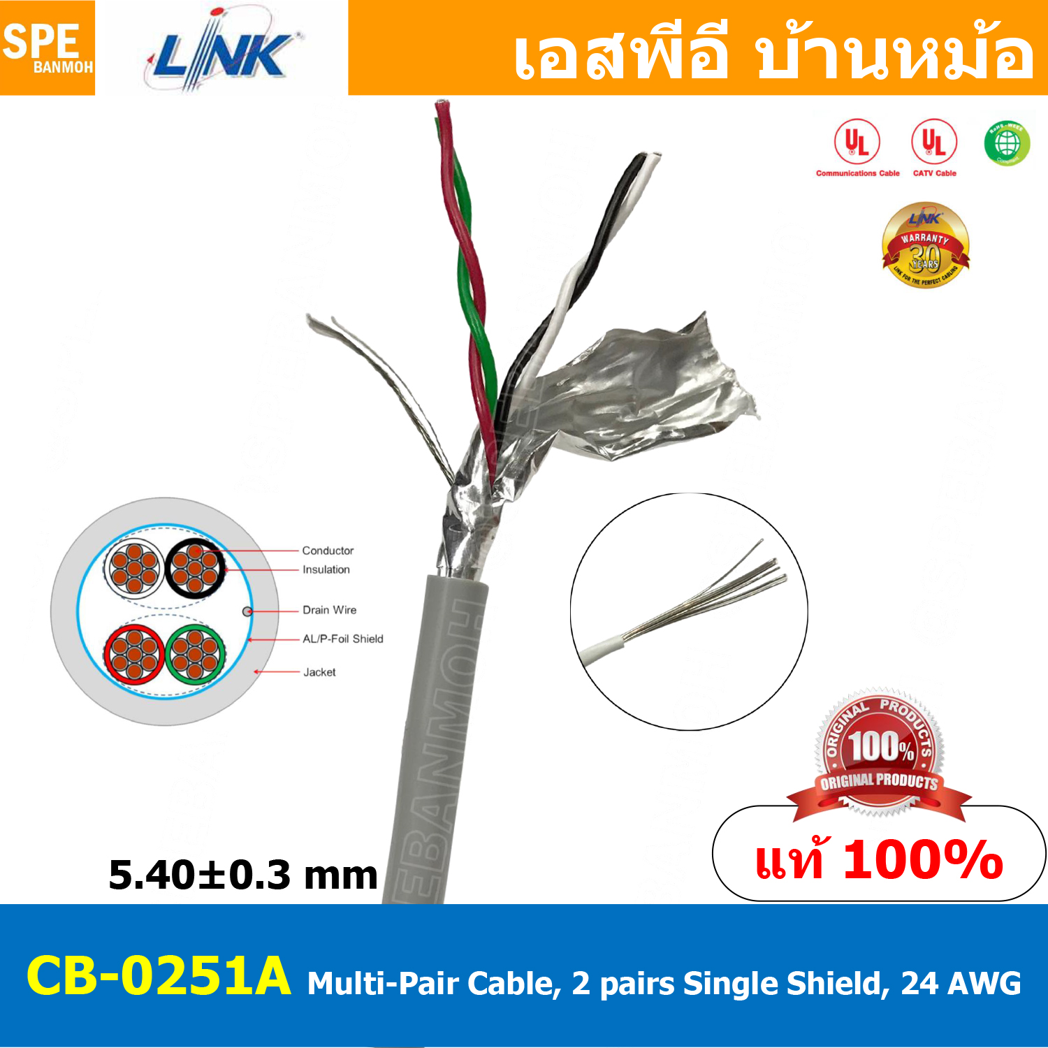 [ 3เมตร ] CB-0251A สายมัลติแพร์ Multi-Pair Cable, 2 pairs Single Shield 24 AWG สายคอนโทรล General control สายมัลติคอร์ ทวิสแพร์ Twisted Pair สายตีเกลียว 4C Multicore Cable RS-232 RS-422 RS-423 and RS-485