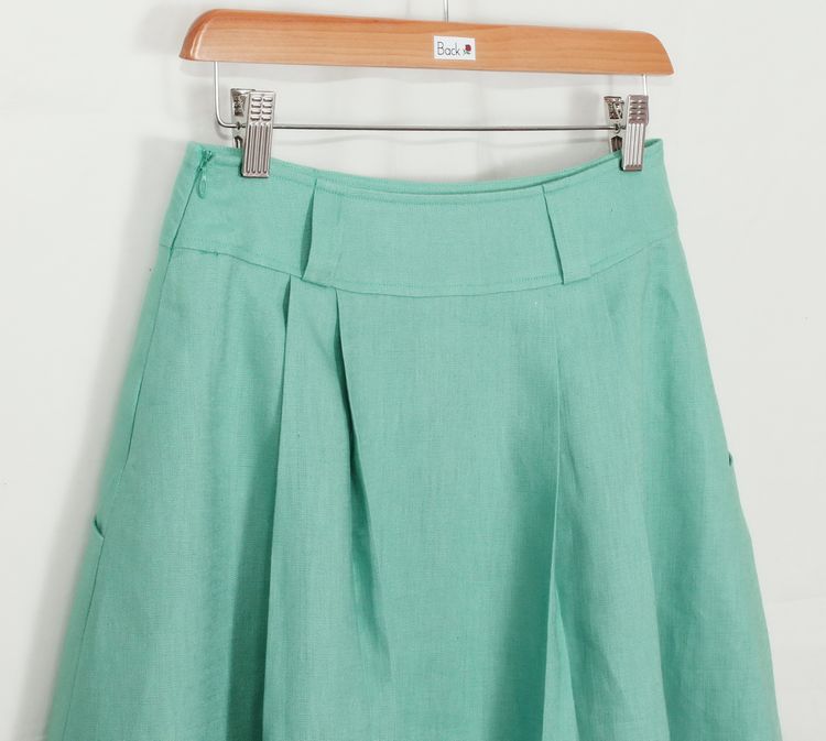 SK-193 กระโปรงแฟชั่น&ทำงาน ทรงบาน ผ้าลินินญี่ปุ่นสีเขียวพาสเทล มีกระเป๋าล้วงได้ 2 ข้าง