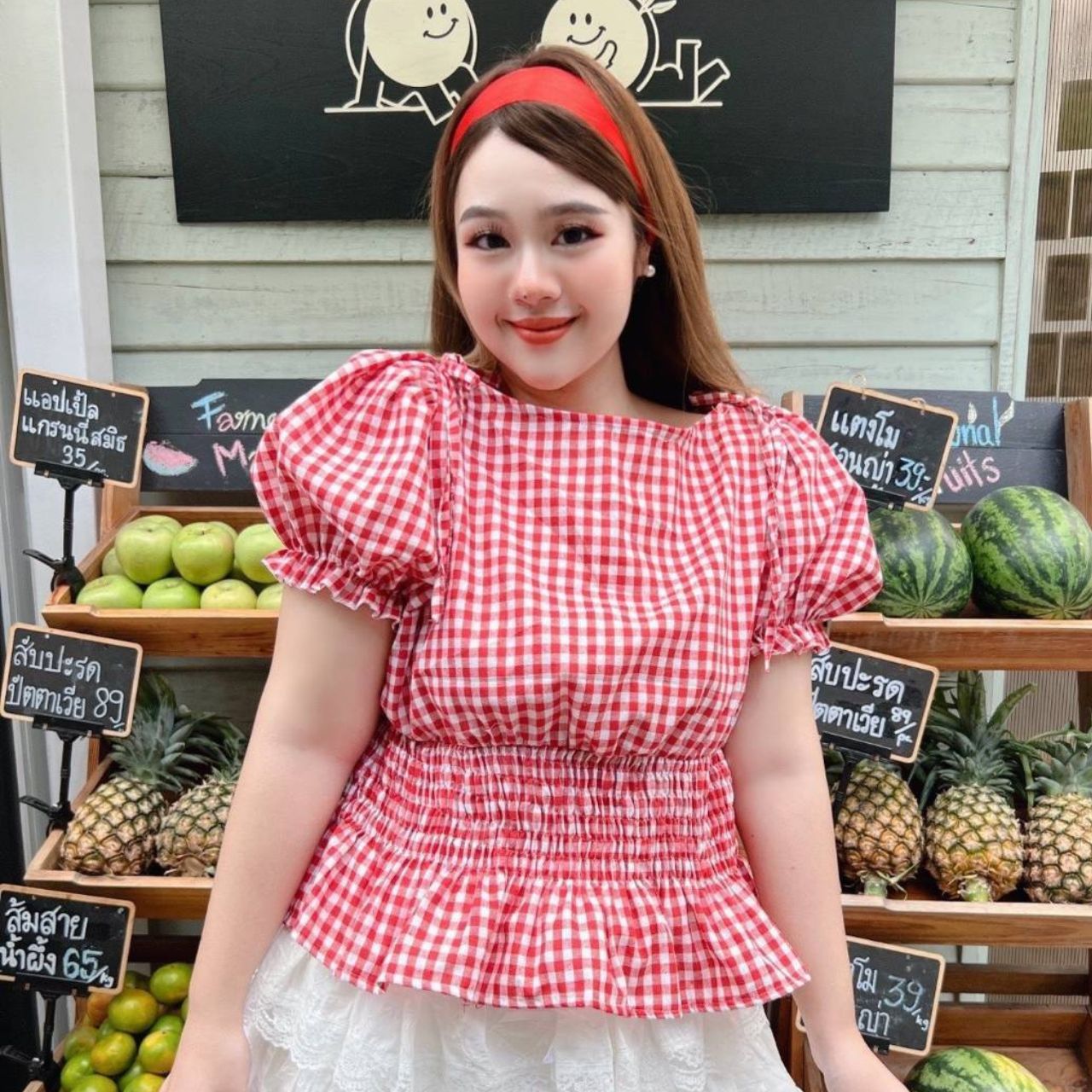 A241 เสื้อสาวอวบ Plus size ลายสก็อต เอวสม็อครอบตัว ฟ้า เหลือง แดง อกได้ถึง50 นิ้วหน้าผ้า52นิ้ว