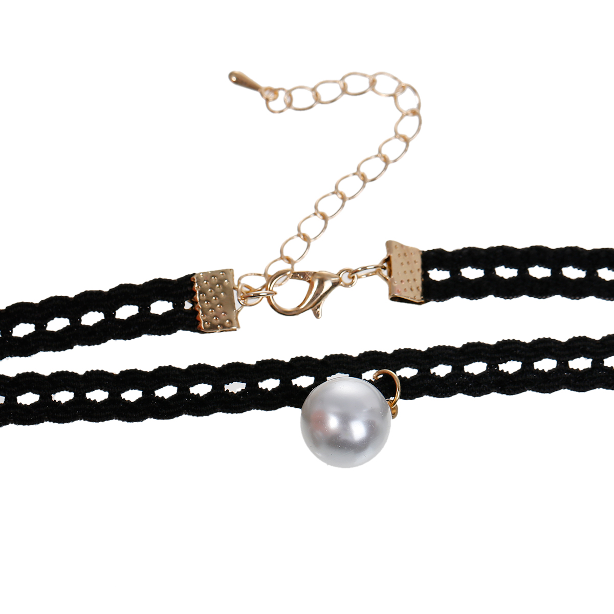 สร้อยคอ choker ผ้า Terylene สีดำ ห้อยลูกปัดมุกสีขาว ยาว 35 ซม. 1 เส้น