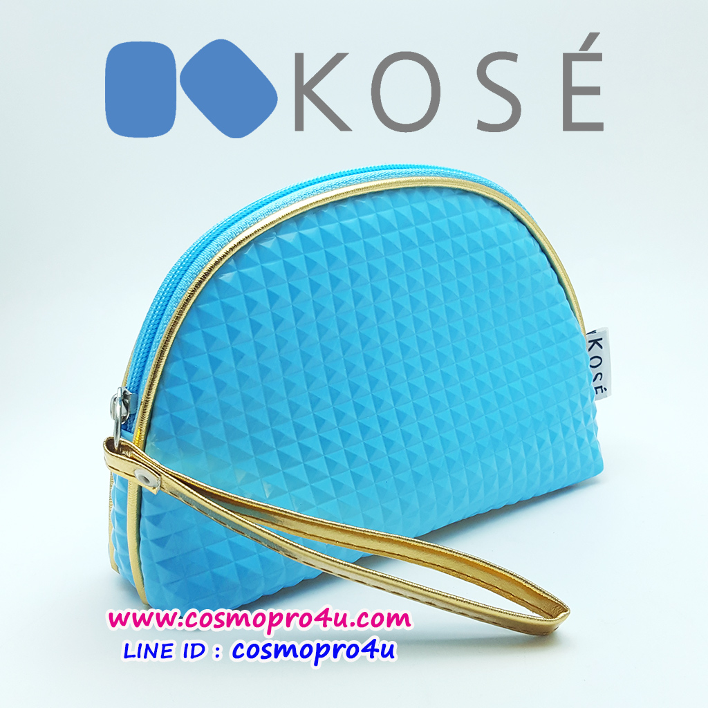 กระเป๋า KOSE โคเซ่ สีฟ้าสด ทรงครึ่งวงกลม มีฐานตั้งได้ กุ้นรอบกระเป๋า,สายคล้องมือและก้นกระเป๋าสีทอง สวยงาม วัสดุ pvc เนื้อปั๊มนูนทั้งใบ 5x8 นิ้ว