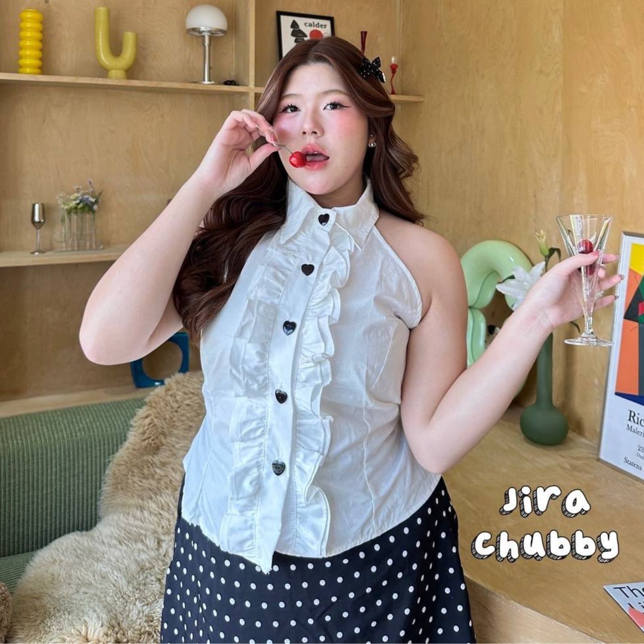 J153 เสื้อสาวอวบ คอปก มีเชือกพูกหลัง ดำ ขาว อกได้ถึง48นิ้ว หน้าผ้า50นิ้ว