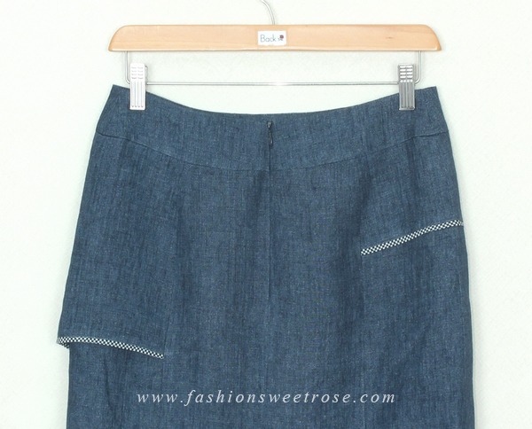 SK-315 กระโปรงทรงเอ ผ้าลินินญี่ปุ่นสียีนส์ แต่งกุ้นระบายด้วยผ้าลายสก๊อต