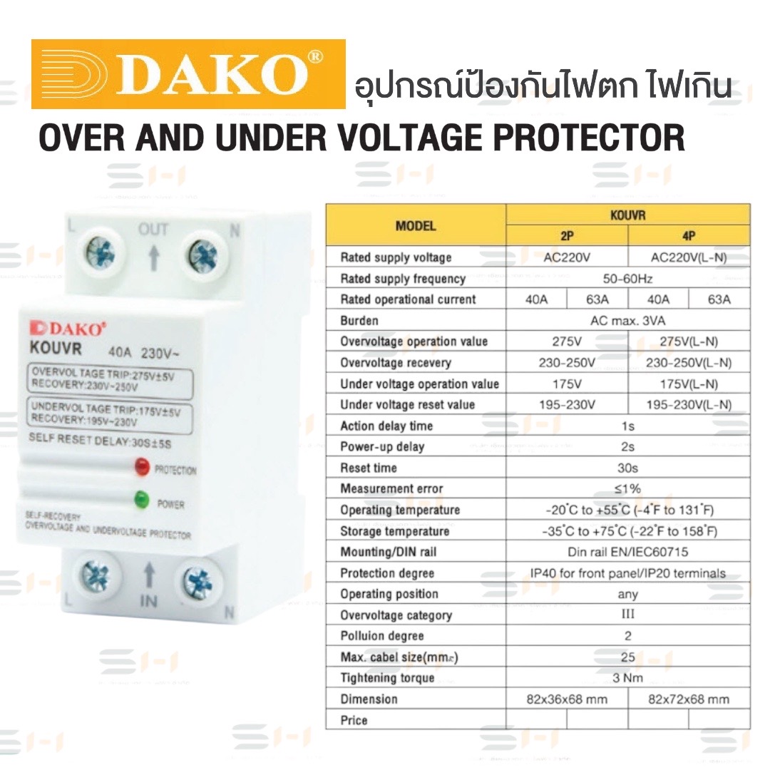 อุปกรณ์ป้องกันไฟตก ไฟเกิน OVER AND UNDER VOLTAGE PROTECTOR (DAKO) KOUVR-2P, KOUVR-4P