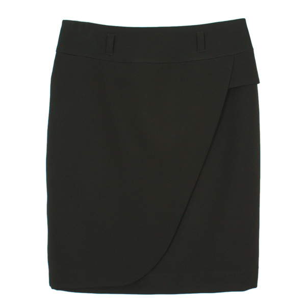 กระโปรงทรงสอบ ผ้า Double Twist สีดำ ด้านหน้ากระโปรงทำเป็นแบบป้ายหน้า / SK-452