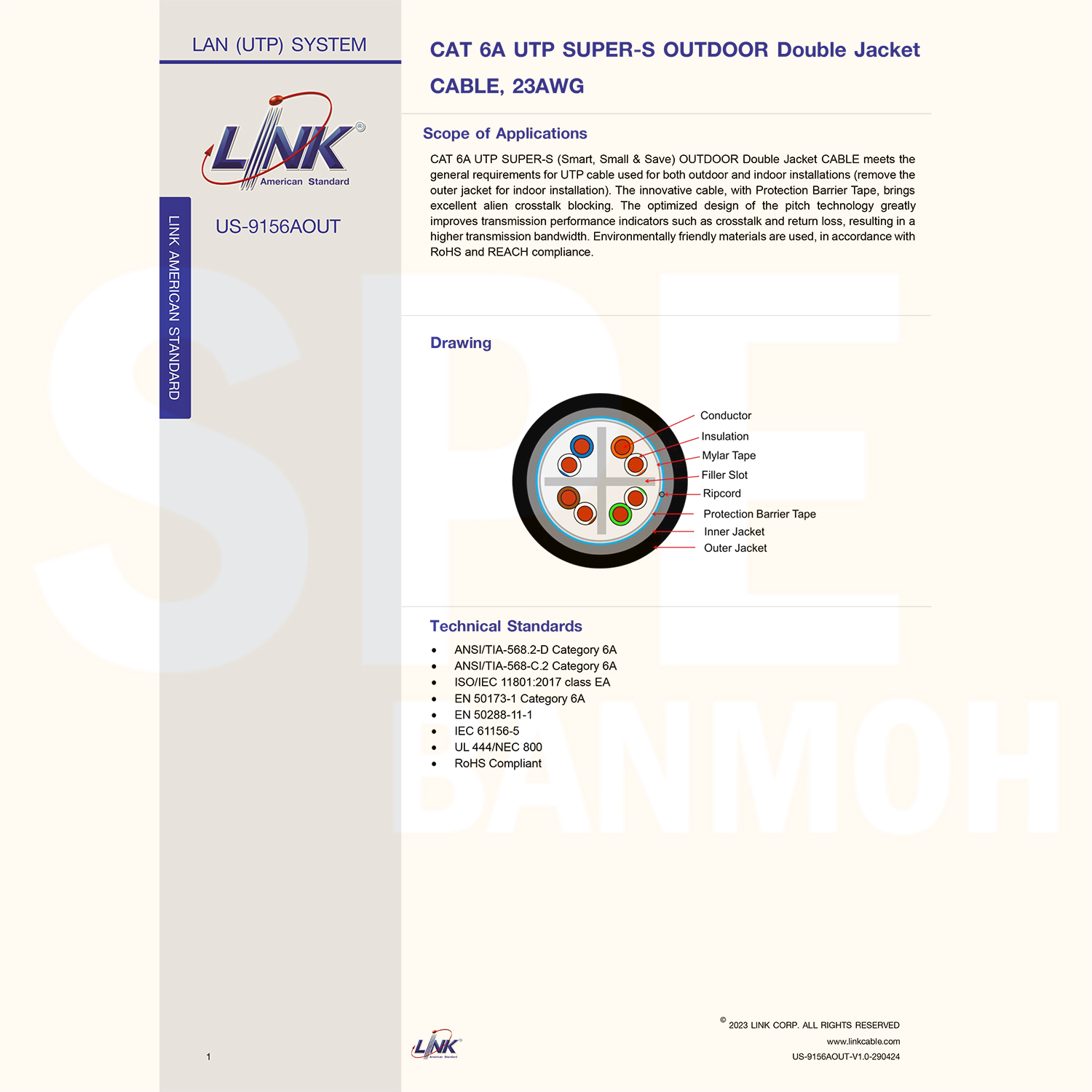 [ 1 เมตร ] US-9156A OUT สายแลนด์ ภายนอก CAT 6A OUTDOOR UTP Link Category 6A 23AWG Cable ทองแดงแท้ ลิ้งค์ CAT6A สายเคเบิลเครือข่าย Lan Cable สายแลนเน็ต สายเน็ต สายต่อเน็ต สายข้อมูล Gbps SSTP Gigabit Network Copper LAN